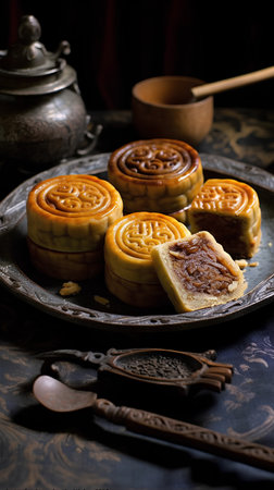 Moon cakes, traditional chinese dessert for Mid-Autumn Festivalの素材