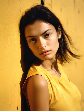 portrait of a young beautiful brunette woman in a yellow T-shirtの素材