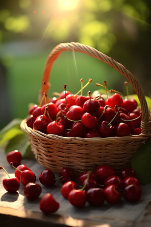 Ripe red cherries in a basket on a wooden table.の素材