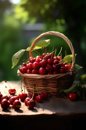 Ripe red cherries in a basket on a wooden table.の素材