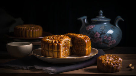 Moon cake, Chinese mid autumn festival food, mooncake on wooden background.の素材