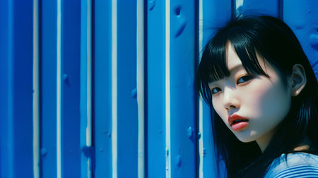 Portrait of a beautiful asian girl with blue wall background.の素材