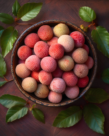 Ripe lychees in a bowl on a wooden background.の素材