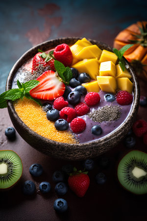 Chia seed pudding with fresh berries and mango, selective focus.の素材