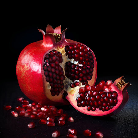 Ripe pomegranate fruit with seeds on a black backgroundの素材