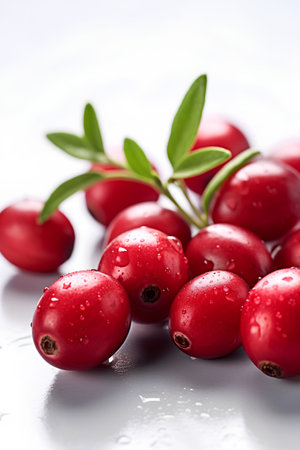 Cranberries with green leaves on a white background. Selective focus.の素材