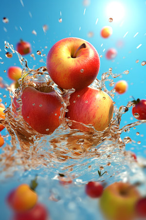 Falling apples with water splash on blue background. 3d renderingの素材