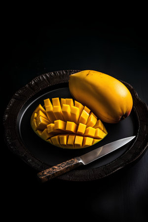 Mango and knife on a black plate on a dark background.の素材