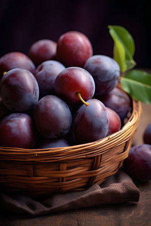 Ripe plums in a basket on a wooden background. Selective focus.の素材