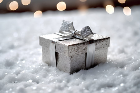 Silver gift box on snow with bokeh background, Christmas conceptの素材