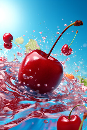 Cherry in water with splash on blue background. 3d renderingの素材