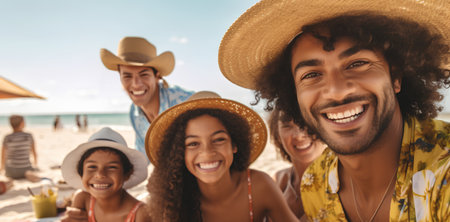 Cheerful african american man looking at camera and smiling with friends on backgroundの素材