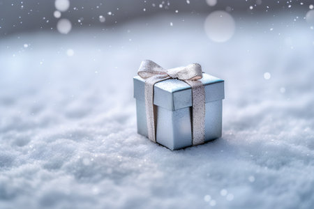 Gift box on snow background with bokeh and snowflakesの素材