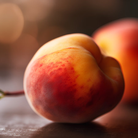 Ripe peaches on a wooden table. Selective focus.の素材