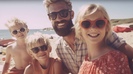 Portrait of happy family having fun on the beach at summer dayの素材