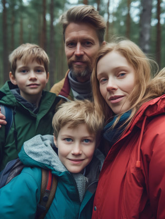 happy family with backpacks looking at camera in forest, travel conceptの素材