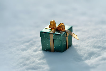 Green gift box on snow background. Christmas and New Year concept.の素材