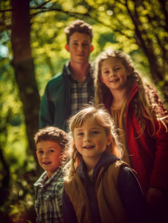Portrait of a happy family standing in the park with their childrenの素材