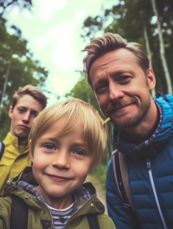 Portrait of a father and son hiking in the forest with their fatherの素材
