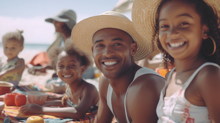 Happy african american man in straw hat having picnic with friends on beachの素材