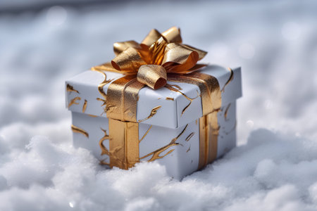 Gift box with golden bow on snow. Christmas and New Year background.の素材