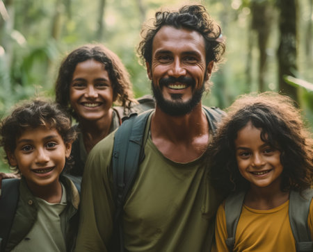 Portrait of happy family of four smiling at camera in the forestの素材