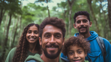 Portrait of a happy indian family on a hike in the forestの素材
