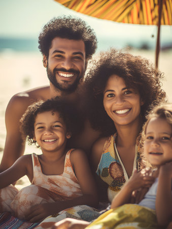Portrait of a happy african american family on the beachの素材