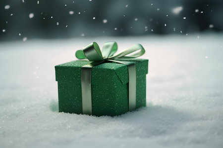 Green gift box on snow with bokeh background. Christmas and new year concept.の素材