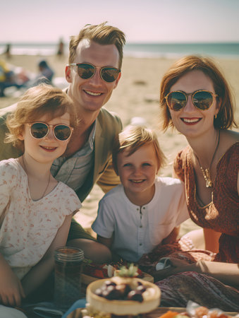 happy family with two kids having picnic on beach, summer vacation conceptの素材