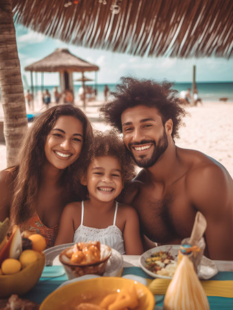 Happy family of three having breakfast together on the beach. Happy african american parents and their cute little daughter are looking at camera and smiling.の素材