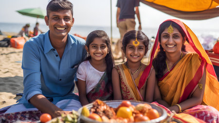 Indian family having picnic on the beach in India. Selective focus.の素材