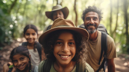 Happy african american family hiking together in forest. Selective focus.の素材