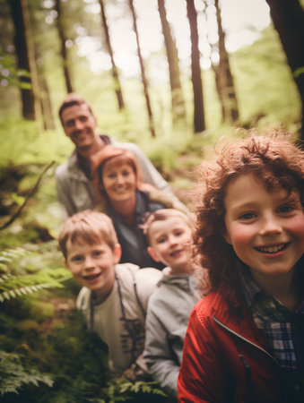 Portrait of happy family looking at camera in forest. Father, mother, son and daughter.の素材