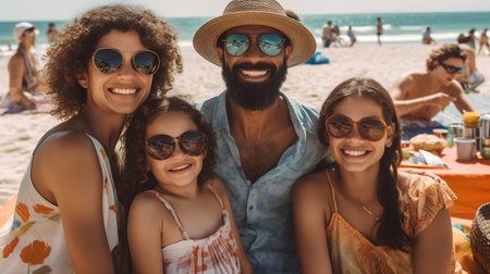 Group of happy friends having fun on the beach. Summer vacation and friendship concept.の素材