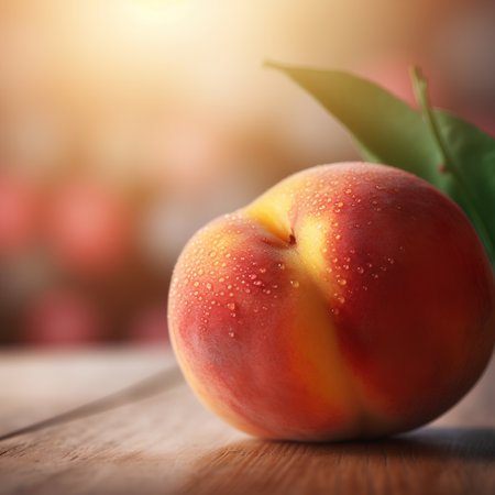 Peach with leaves on a wooden background. Close-up.の素材