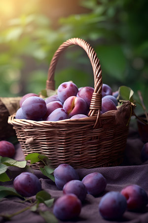 Ripe plums in a wicker basket on a wooden tableの素材