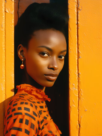 Portrait of a beautiful african american woman in orange dress.の素材