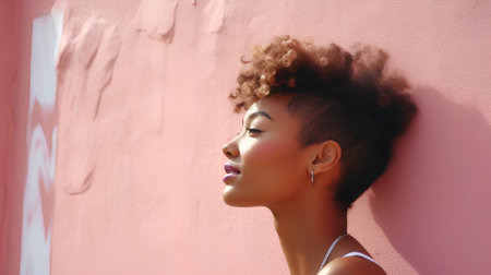 Beautiful african american woman with afro hairstyle on pink backgroundの素材