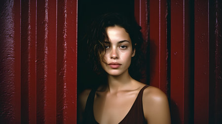 Portrait of beautiful young woman with long curly hair and red lips, looking at camera.の素材