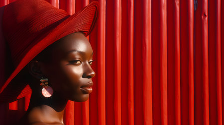 Fashion portrait of beautiful african american woman in red hat.の素材