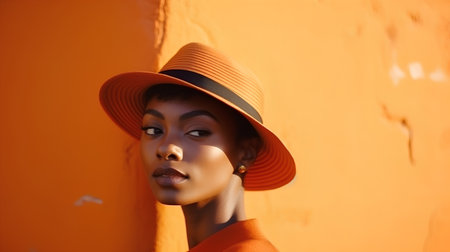 Beautiful african american woman in orange hat on orange backgroundの素材