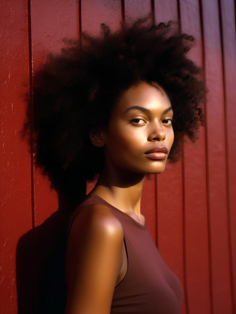 Beautiful african american woman with afro hairstyle posing against red wall.の素材