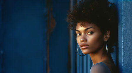 Beautiful african american woman with afro hairstyle posing near blue wall.の素材