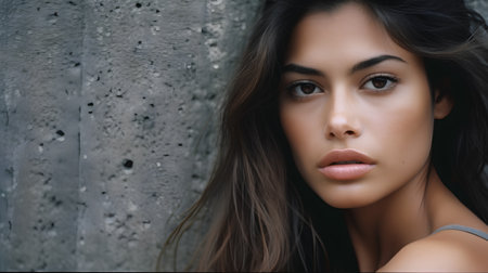 Portrait of a beautiful brunette woman with long straight hair.の素材