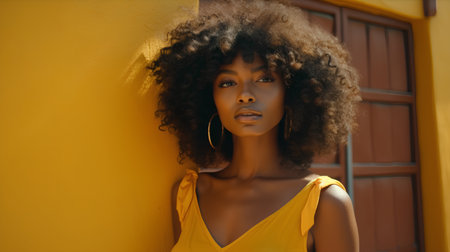 Beautiful african american woman with afro hairstyle posing against yellow wall.の素材