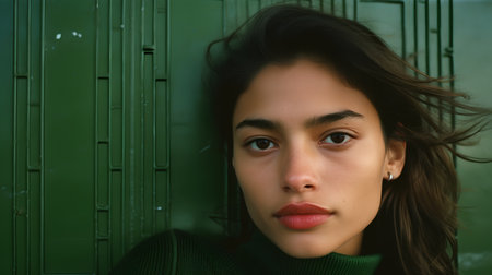 Portrait of a beautiful young brunette woman in a green sweaterの素材