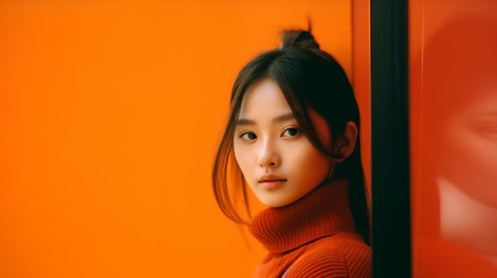 Portrait of a beautiful asian woman in orange sweater and red sweaterの素材