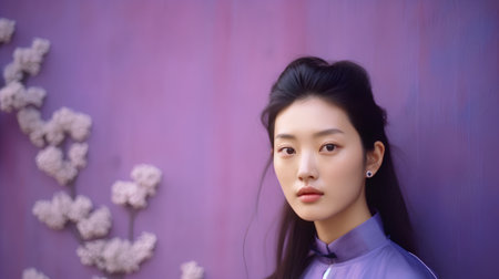 Portrait of a beautiful asian woman in purple blouse.の素材