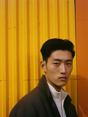 Portrait of a handsome young asian man in a black coat against a yellow wallの素材